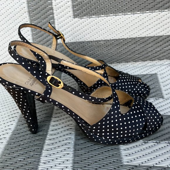 Charles Jourdan Polka Dot Platform Heel Peep Toe Sandals Black Size 10 - Picture 6 of 11